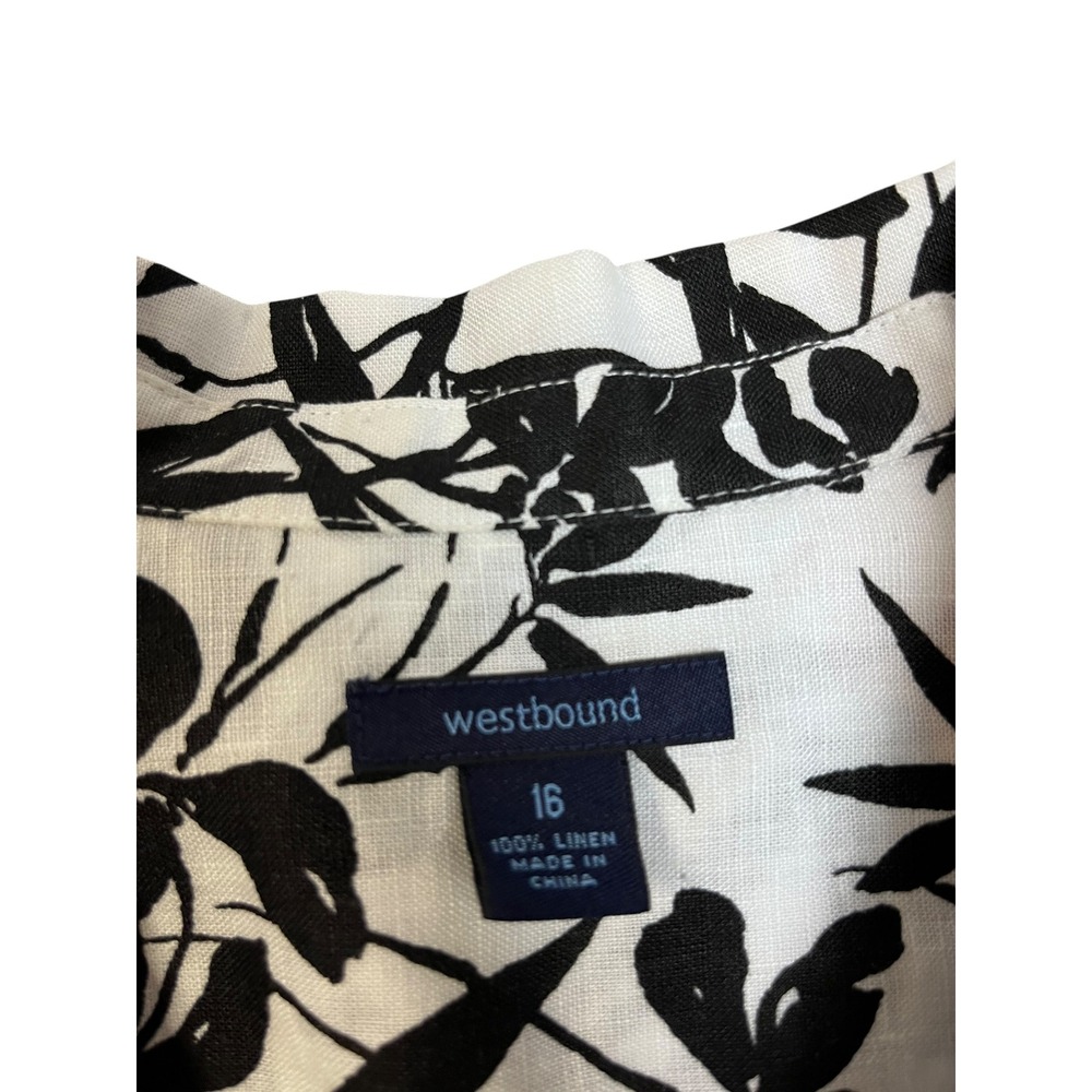 Westbound Womens 16 Linen Button Up Shirt Black White Floral Bamboo Camp Blouse - Picture 5 of 8